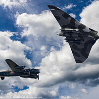 Buy canvas prints of Avro Vulcan Bomber XH558 and Lancaster bomber in flight by Kevin Hellon