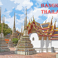 Buy canvas prints of Vintage travel poster - Stupas in Wat Pho, Bangkok, Thailand by Kevin Hellon