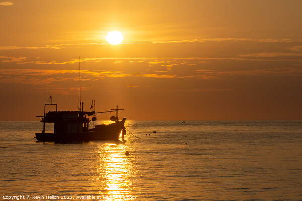 Fishing boat at sunset, Bang Tao beach, Phuket, Thailand Picture Board by Kevin Hellon