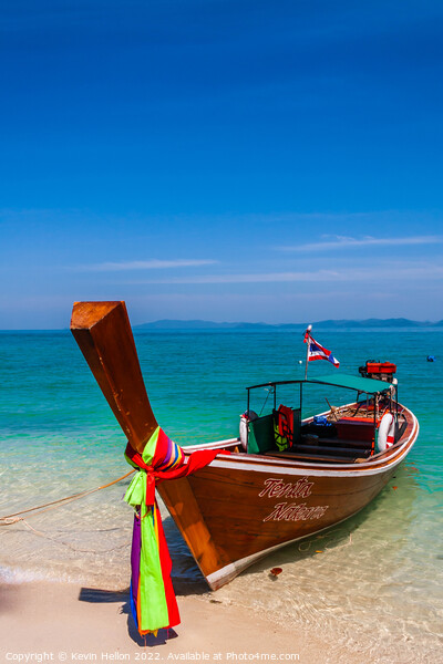Long tail boat moored on Naka Island, Picture Board by Kevin Hellon