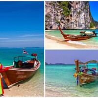 Buy canvas prints of Long tail boats triptych, Thailand by Kevin Hellon