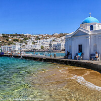 Buy canvas prints of Church on the harbour, Chora, Mykonos, Greece by Kevin Hellon