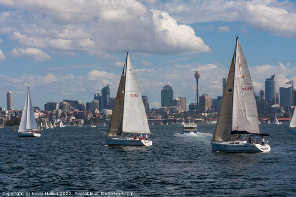 Yachts sailing in Sydney harbour witheCentral Business District, Picture Board by Kevin Hellon