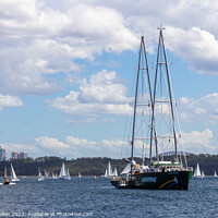 Buy canvas prints of The Greenpeace ship Rainbow Warrior anchored in Sydney Harbour by Kevin Hellon
