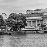 Buy canvas prints of The Fullerton Hotel and bum boat, Singapore by Kevin Hellon