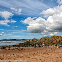 Buy canvas prints of Volcanic rock, blue sky and clouds on Newborough beach, Anglesey by Kevin Hellon