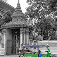 Buy canvas prints of Green tuk tuk outside Wat Pho, Bangkok, by Kevin Hellon