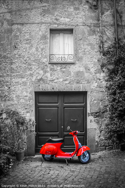 Red scooter outside doorway  Picture Board by Kevin Hellon