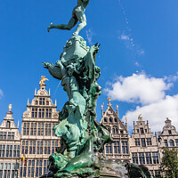 Buy canvas prints of Brabo's monument with Guild houses in the Grote Markt, Antwerp,  by Kevin Hellon