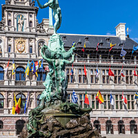 Buy canvas prints of Brabo's monument with Stadhuis (City Hall) in the Grote Markt, A by Kevin Hellon
