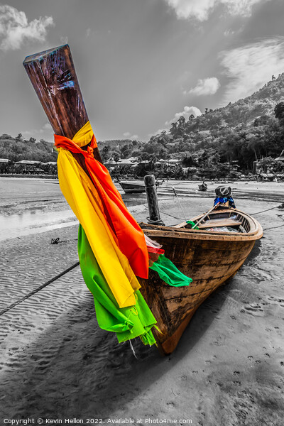 Long tail boat with colourful prow ribbons on Nai Yang Beach, Ph Picture Board by Kevin Hellon