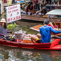 Buy canvas prints of Cocnut ice cream boat vendor, Damnoen Saduak floating market, Th by Kevin Hellon