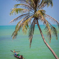 Buy canvas prints of Cocnut palm and long tail boat by Kevin Hellon