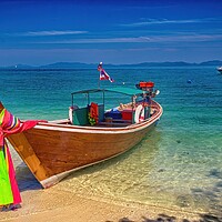 Buy canvas prints of Long tail boat with power boat in the background on Koh Naka isl by Kevin Hellon