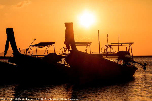 Silhouettes of long tail fishing boats, Pak Meng,  Picture Board by Kevin Hellon