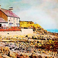 Buy canvas prints of Digital water colour of old cafe in Benllech Bay by Kevin Hellon