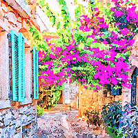 Buy canvas prints of Digital water colour of blue shutters on a house a by Kevin Hellon
