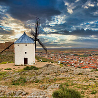 Buy canvas prints of Windmill overlooking town of Consuegra, Spain by Kevin Hellon