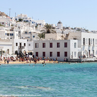 Buy canvas prints of Tourists relaxing on the beach in Chora, Mykonos,  by Kevin Hellon