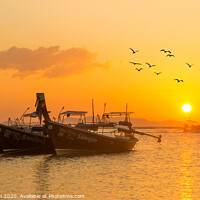 Buy canvas prints of Boats and birds at sunrise by Kevin Hellon