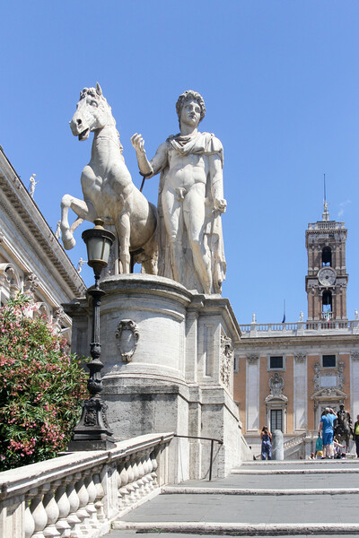Statue of man and horse on the steps leading to the Basilica di  Picture Board by Kevin Hellon