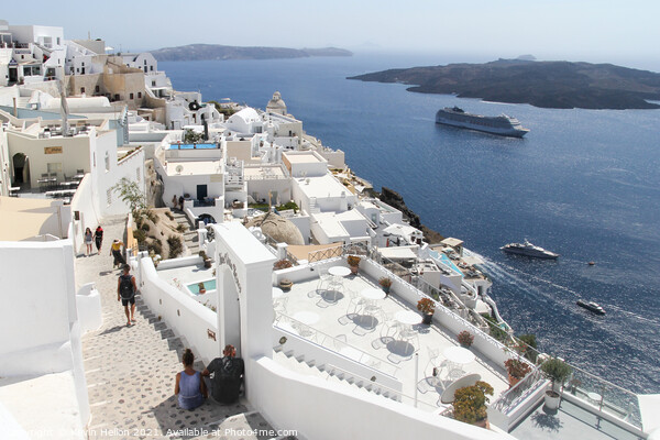 View of Santorini town with cruise ship in the har Picture Board by Kevin Hellon