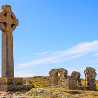 Buy canvas prints of Celtic cross and the remains of St. Dwynwen church by Kevin Hellon
