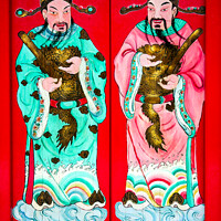 Buy canvas prints of Chinese figure on doors by Kevin Hellon