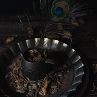 Buy canvas prints of Still life pewter cup with a peacock feather by Steven Dijkshoorn