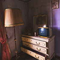 Buy canvas prints of An old tv lamp and dresser by Steven Dijkshoorn