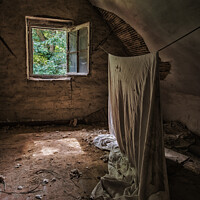 Buy canvas prints of An old rug hanging in the attic of an abandoned house by Steven Dijkshoorn