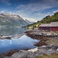 Buy canvas prints of red houses and a boat in the fjord in norway by Chris Willemsen