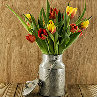 Buy canvas prints of red and yellow tulips on wood by Chris Willemsen