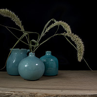 Buy canvas prints of still life with three blue vases, ears of corn on  by Chris Willemsen