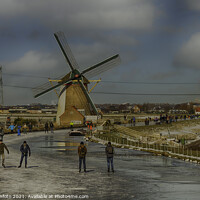 Buy canvas prints of People skating om ice with windmill as background by Chris Willemsen