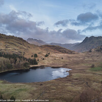 Buy canvas prints of Beautiufl unique drone aerial sunrise landscape image of Blea Tarn and Langdales Range in UK Lake District by Matthew Gibson