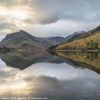 Buy canvas prints of Beautiful Autumn Fall landscape image of Lake Buttermere in Lake District England  by Matthew Gibson