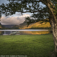 Buy canvas prints of Landscape image of rowing boats on Llyn Nantlle in Snowdonia at sunset by Matthew Gibson