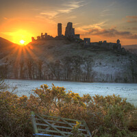 Buy canvas prints of Beautiful Medieval castle ruin in countryside landscape during Winter sunrise by Matthew Gibson