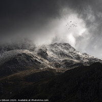 Buy canvas prints of Stunning moody dramatic Winter landscape image of snowcapped Tryfan mountain in Snowdonia with stormy weather brooding overhead with birds flying high above by Matthew Gibson