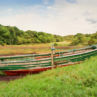 Buy canvas prints of Moored red & green wooden rowing boat  by Hugh McKean