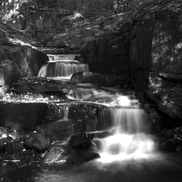 Buy canvas prints of  Lumsdale Valley Waterfall b/w by Catherine Fowler