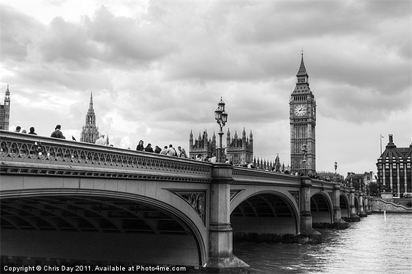 Westminster bridge black and white Picture Board by Chris Day