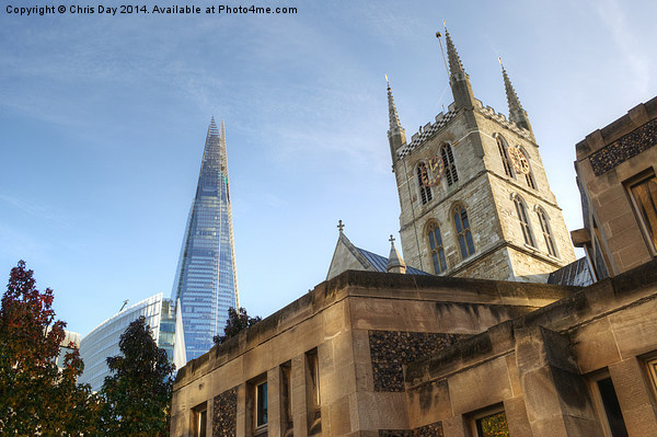 The Shard and Southwark Cathedral Picture Board by Chris Day