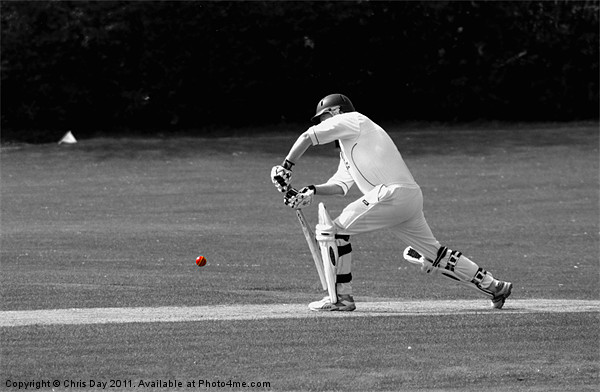 Cricketer in black and white with red ball Picture Board by Chris Day