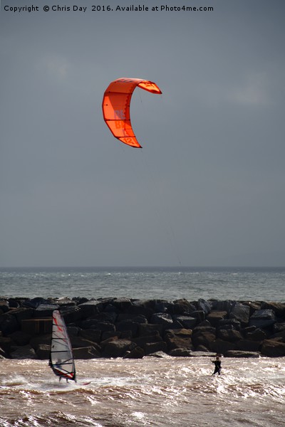 A kite surfer and wind surfer Picture Board by Chris Day