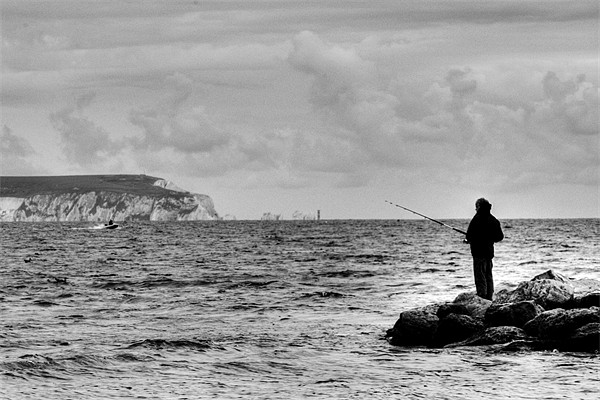 Lone Angler 2 in black and white Picture Board by Chris Day
