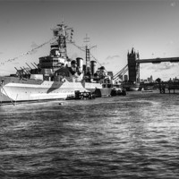 Buy canvas prints of HMS Belfast and Tower Bridge 2 in Black and White by Chris Day