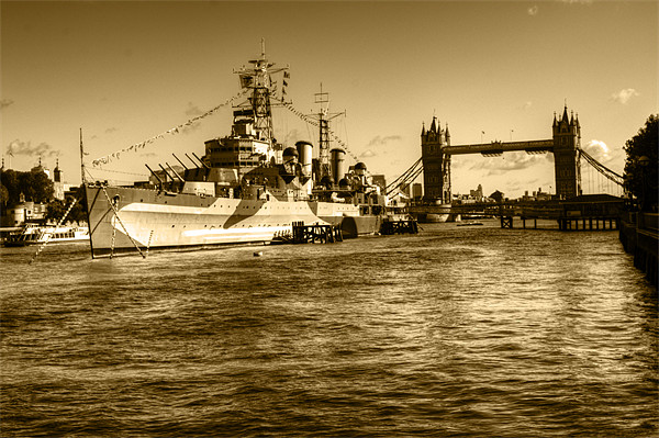 HMS Belfast and Tower Bridge 2 in Sepia Picture Board by Chris Day