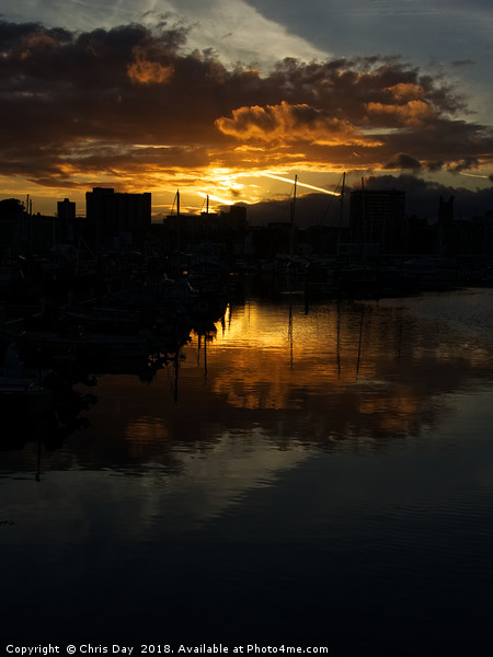   Sunset over Sutton Harbour Plymouth Picture Board by Chris Day